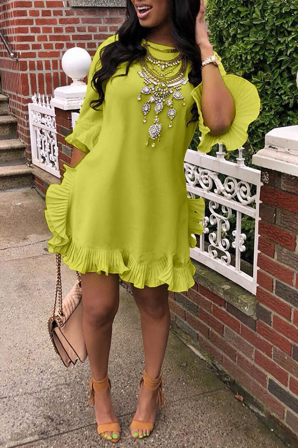 Lovely Sweet Ruffle Design Green Blending Mini Dress