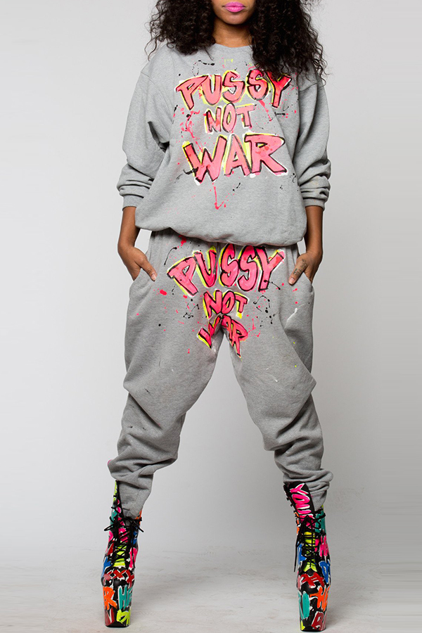 

Lovely Casual Letters Printed Grey Blending Two-piece Pants Set