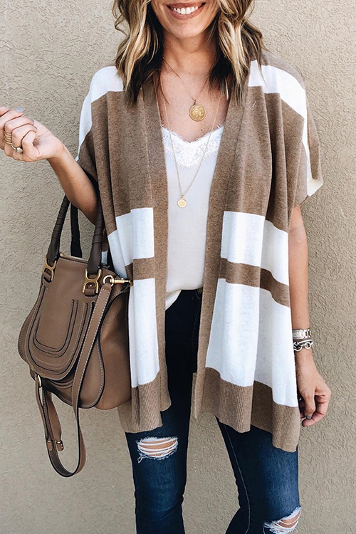 

Lovely Casual Grids Printed Light Tan Cardigan Sweaters