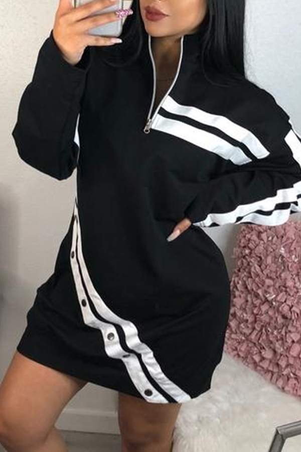 

Lovely Fashion Long Sleeves Black and White Striped Patchwork Mini Dress