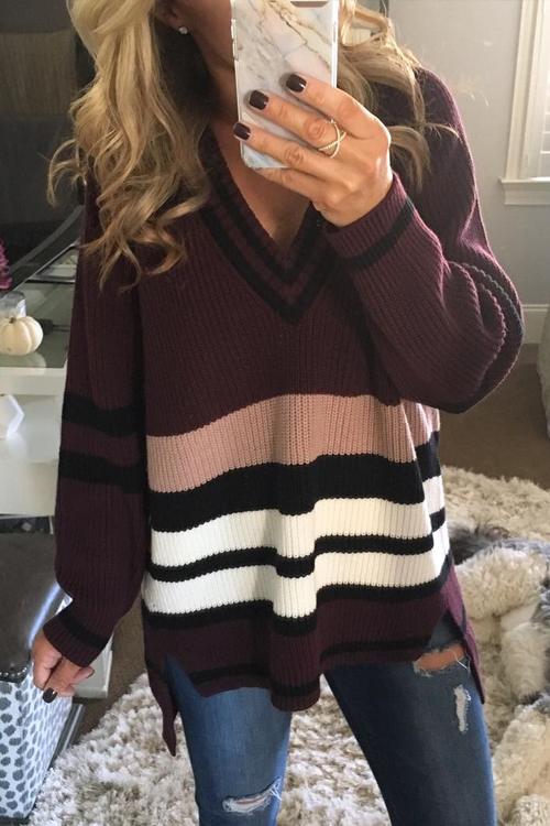 

Lovely Striped Wine Red Sweaters