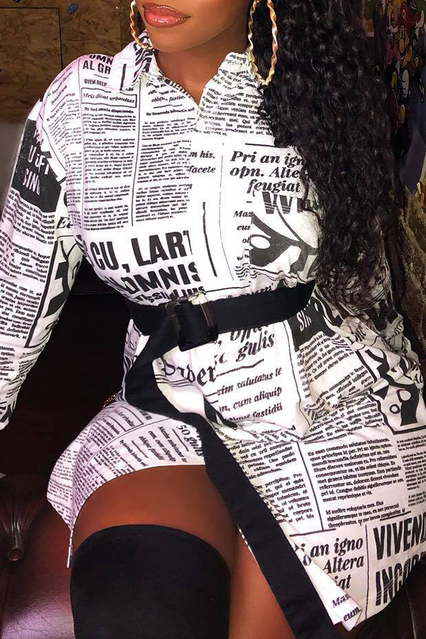 

Lovely Fashion Newspaper Design White Blending Mini Dress(Without Belt)