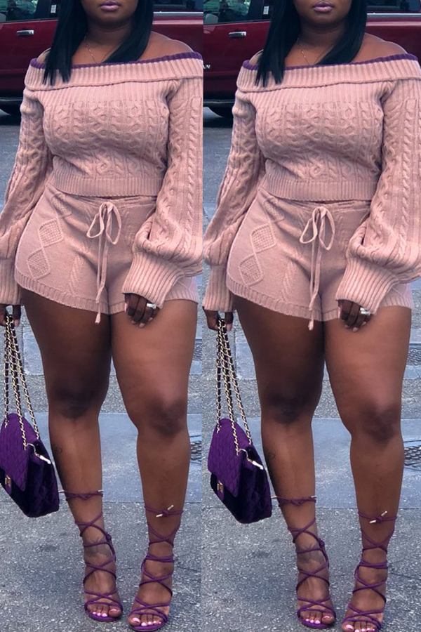 

Lovely Sweet Long Sleeves Pink Sweater Two-piece Shorts Set