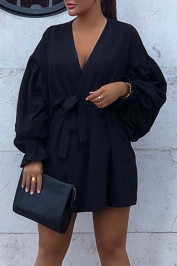 

Lovely Sweet Puff Sleeves Black Blending Mini Dress