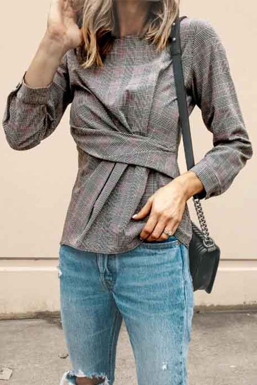 

Lovely Stylish Ruched Grid Printed Grey Cotton Shirts
