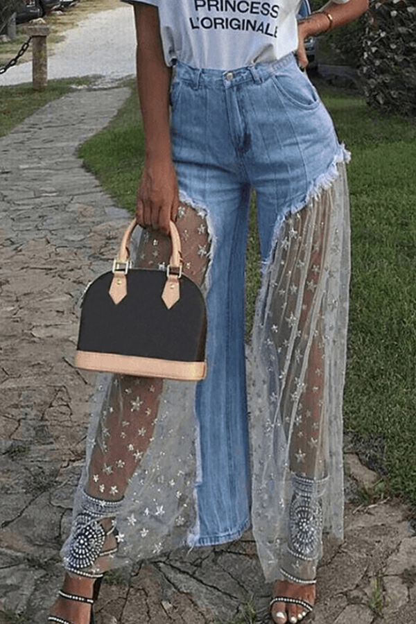 

Lovely Sweet Patchwork Baby Blue Denim Jeans