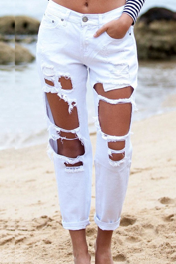 

Lovely Chic Broken Holes White Denim Pants