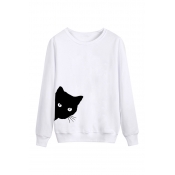Lovely Casual Cat Head Printing White Cotton Hoodi