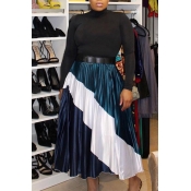 Lovely Casual Patchwork Dark Blue Pleated Skirt
