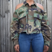 Lovely Casual Dew Shoulder Camouflage Printed Deni