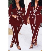 Lovely Fashionable Striped Wine Red Two-piece Pant