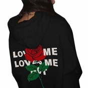 Lovely Casual Rose Print Black Cotton Hoodies