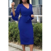 Lovely Sweet Flouncy Sleeves Blue Blending Knee Le