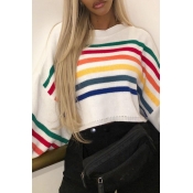 Lovely Sweet Striped Patchwork White Cony Hair Swe