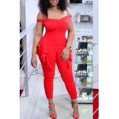 Lovely Casual Red Twilled Satin One-piece Jumpsuit