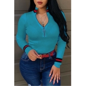 Lovely Casual Bust Zippers Skyblue Sweaters