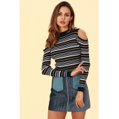 Lovely Casual Dew Shoulder Blue Knitting Sweaters