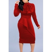 Lovely Elegant Long Sleeves Red Mid Calf Dress