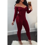 Lovely Trendy Dew Shoulder Skinny Wine Red Cotton 