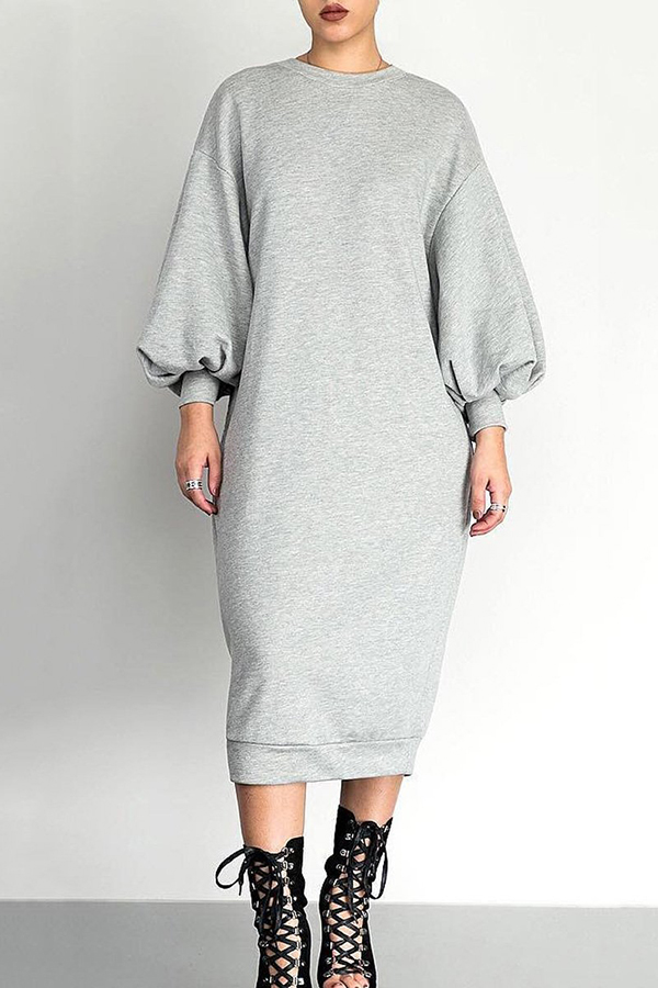 

Lovely Casual Puffed Sleeves Grey Cotton Mid Calf Dress