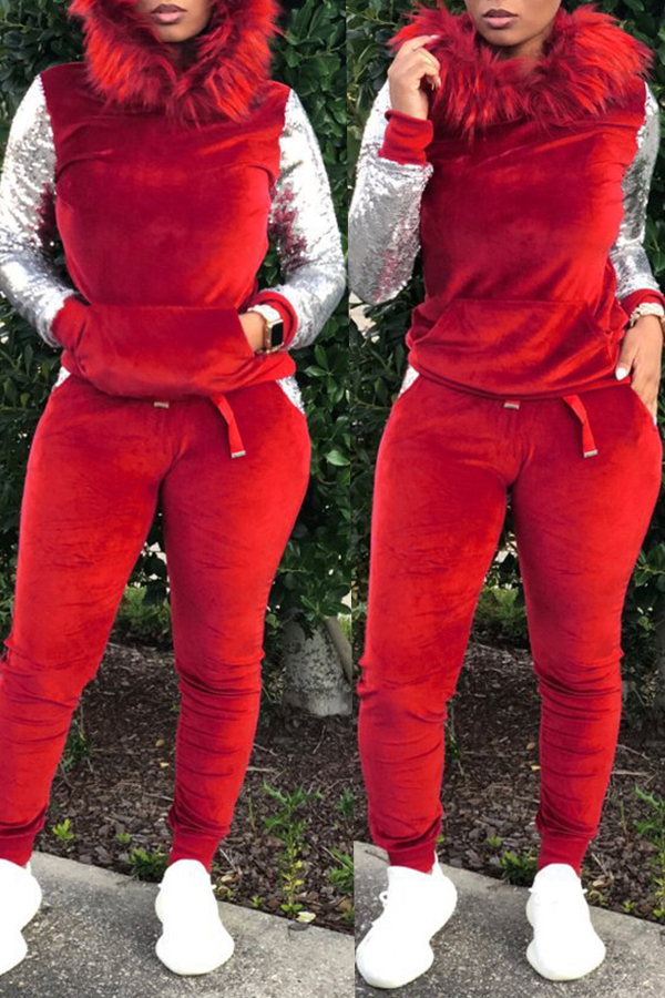 

Lovely Casual Sequined Patchwork Red Two-piece Pants Set