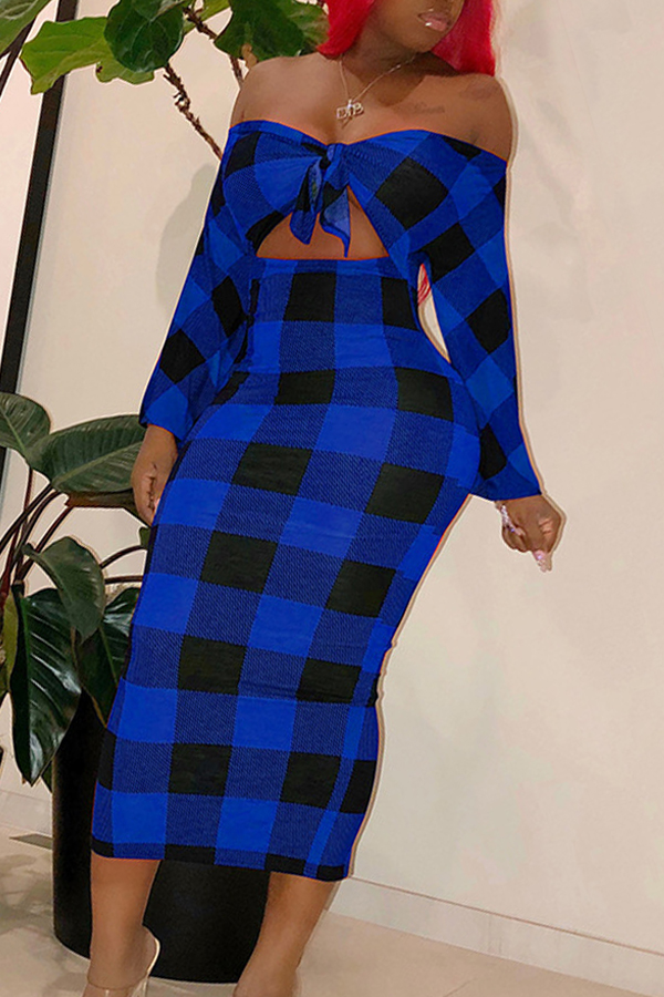 

Lovely Sweet Dew Shoulder Blue Blending Ankle Length Dress