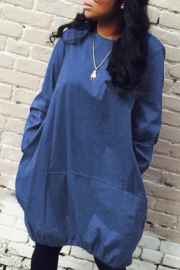 

Lovely Euramerican Long Sleeves Loose Royal Blue Knee Length Dress, Royalblue