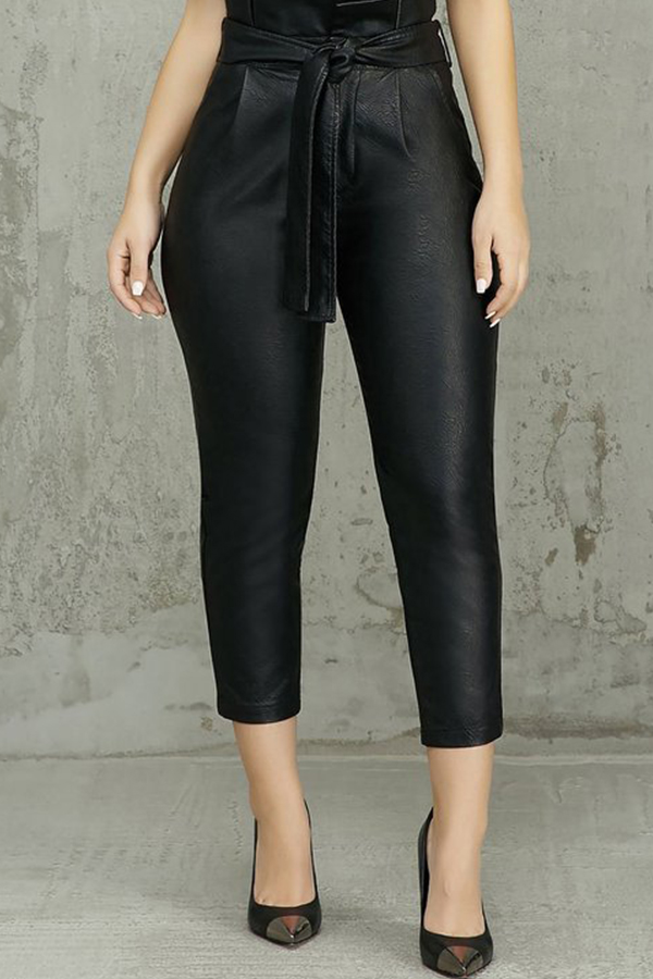 

Lovely Trendy Lace-up Black PU Pants