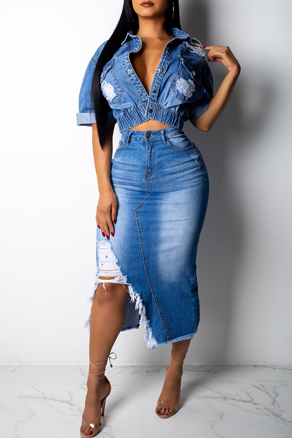 Lovely Casual Broken Holes Denim Two-piece Skirt Set