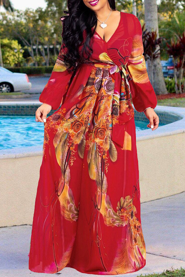 

Lovely Bohemian Floral Printed Red Chiffon Floor Length Dress