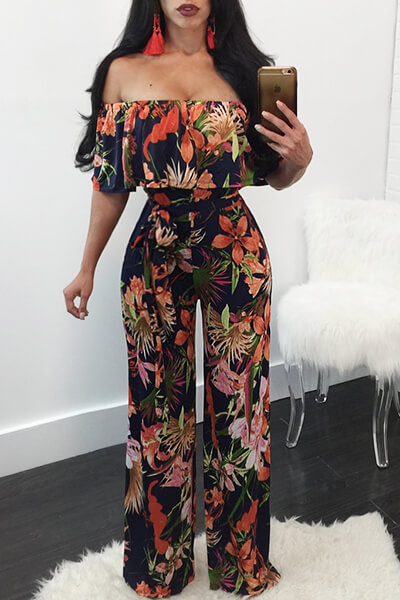 

Lovely Stylish Dew Shoulder Floral Print Qmilch One-piece Jumpsuit, Black