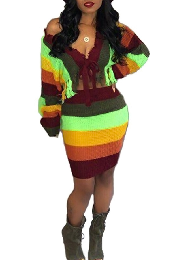 

Lovely Casual Striped Multicolor Sweater Two-piece Skirt Set, Multi