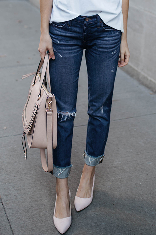 

Lovely Casual Broken Holes Dark Blue Denim Jeans