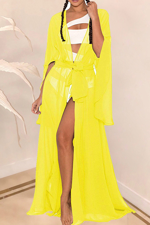 

Lovely Casual Long Yellow Chiffon Cover-up