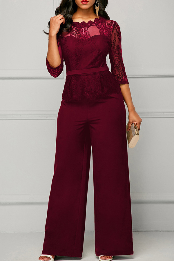 

Lovely Temperament Patchwork Wine Red Lace One-piece Jumpsuit