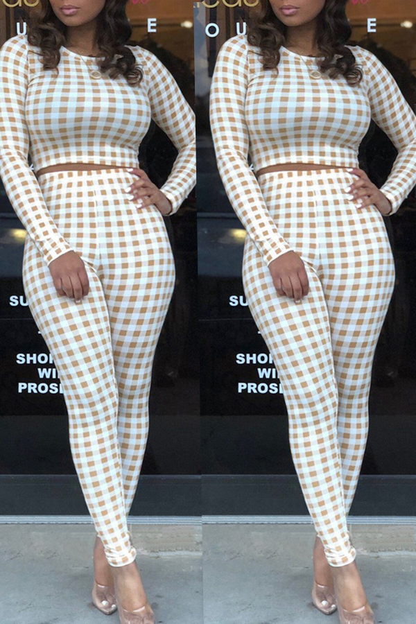 

Lovely Casual Grids Printed White Blending Two-piece Pants Set