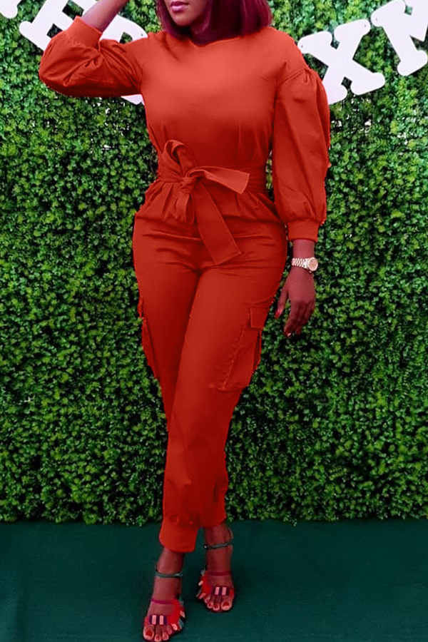 

Lovely Trendy Lace-up Orange Twilled Satin One-piece Jumpsuit(With Belt