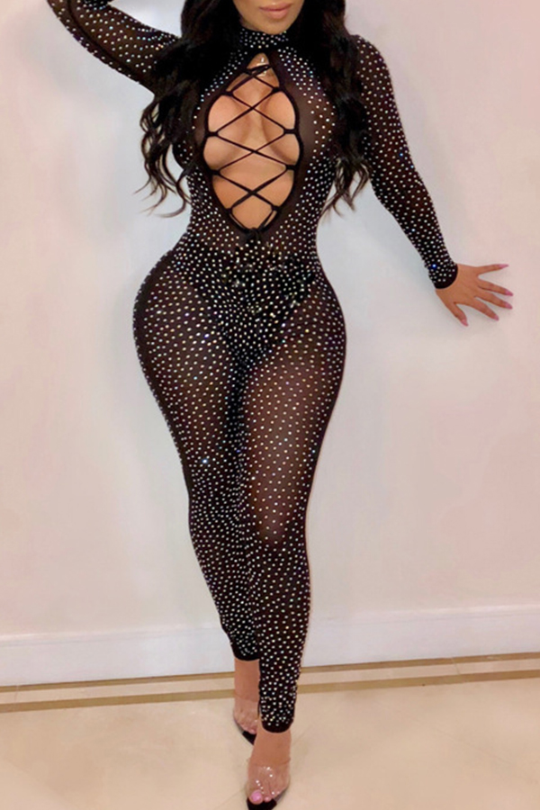 

Lovely Sexy Hollowed-out Black Knitting One-piece Jumpsuit