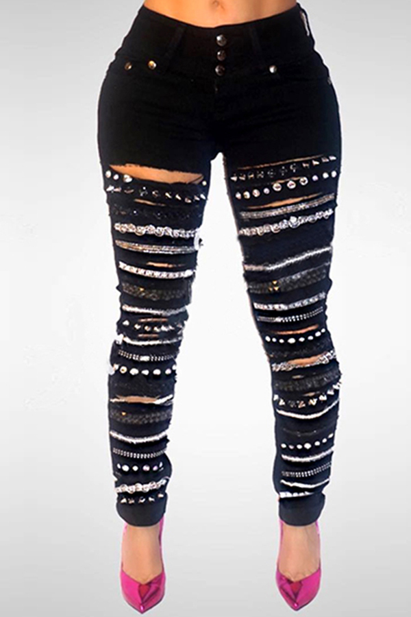 

Lovely Stylish High Waist Sequined Decorative Black Denim Jeans