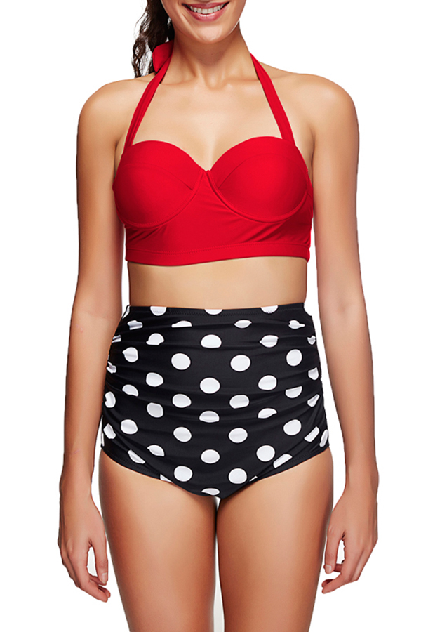 

Lovely Casual Dots Printed Red Two-piece Swimwears