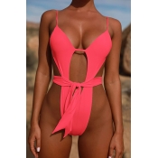 Lovely Sexy Lace-up Rose Red One-piece Swimwears