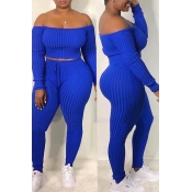 Lovely Casual Dew Shoulder Blue Blending Two-piece