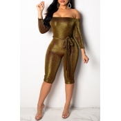 Lovely Trendy Dew Shoulder Gold Knitting One-piece