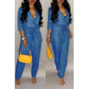 Lovely Casual Lace-up Blue One-piece Jumpsuit