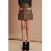 Lovely Trendy Parchwork Khaki PU Mini Skirts