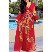 Lovely Bohemian Floral Printed Red Chiffon Floor L