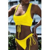 Lovely Trendy Lace-up Yellow Two-piece Swimwears