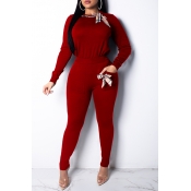 Lovely Casual Bow-Tie Red Two-piece Pants Set