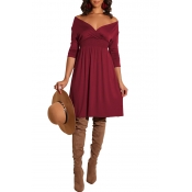 Lovely Casual Long Sleeves Wine Red Knee Length Dr