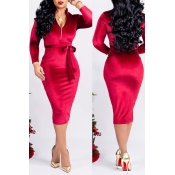 Lovely Trendy Lace-up Red Pleuche Mid Calf Dress